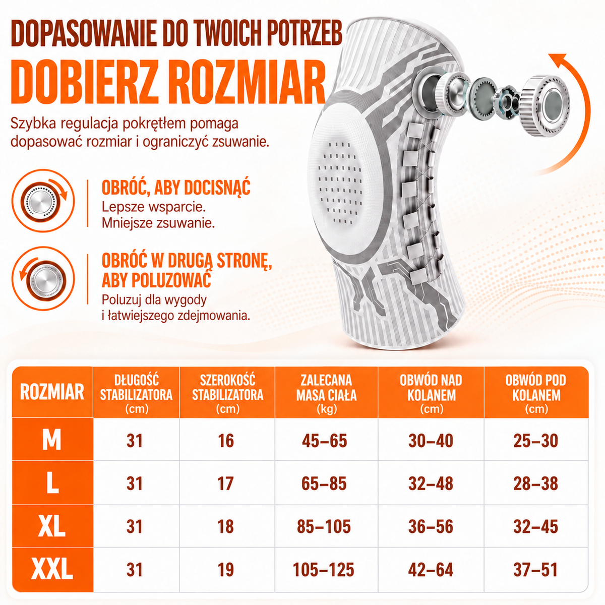 Tabela rozmiarów opaski uciskowej na kolano z pokrętłem