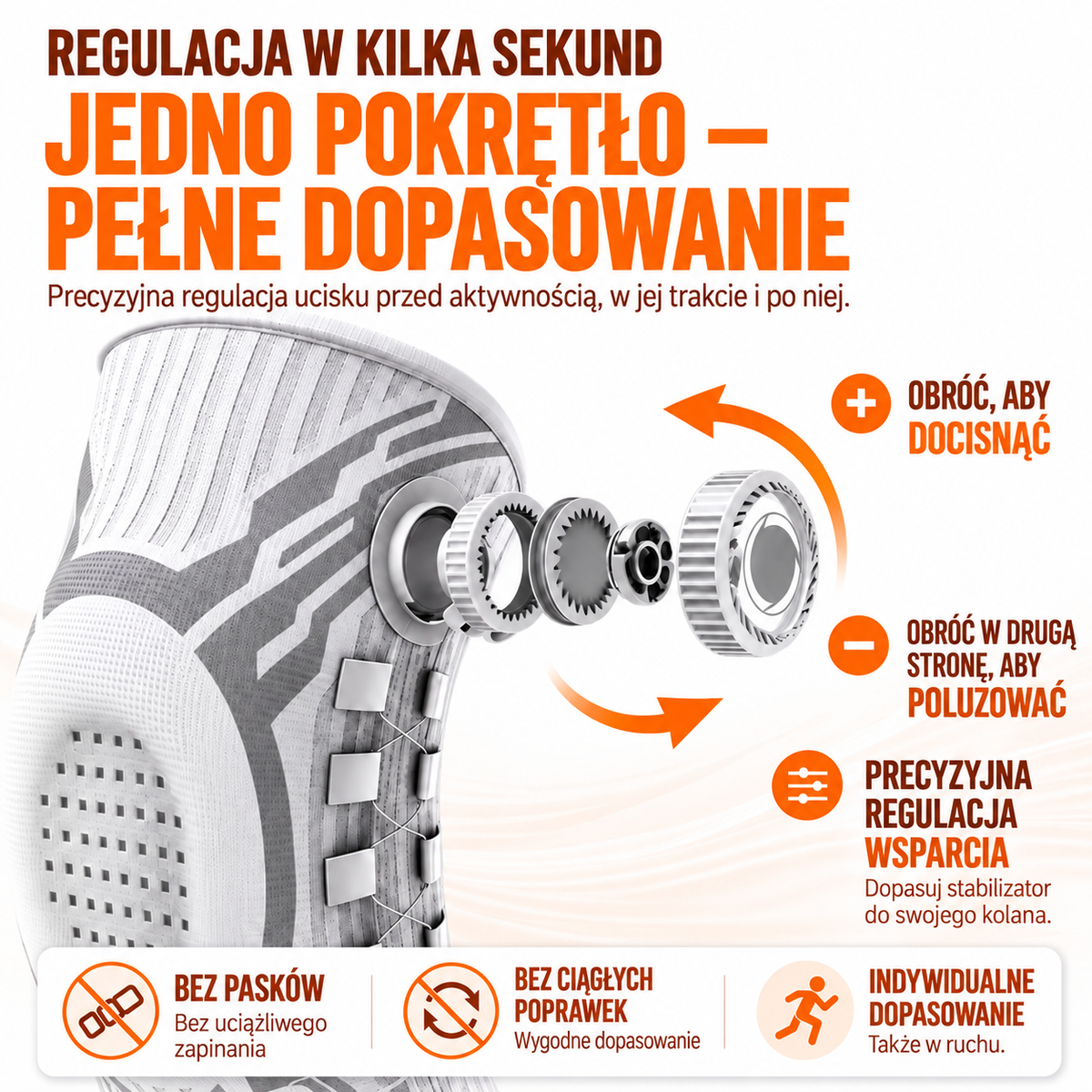 Regulacja ucisku pokrętłem w opasce na kolano